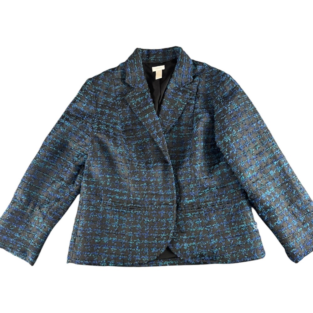 Chicos Blue Black Textured Tweed Blazer Jacket Size 2 Large Notched Lapel Lined